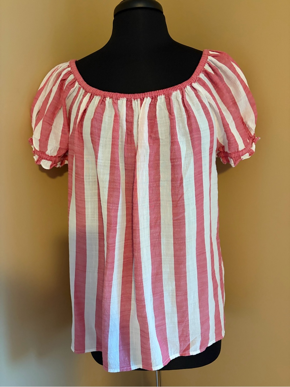 Max Studio Pink and White Striped Peasant Top